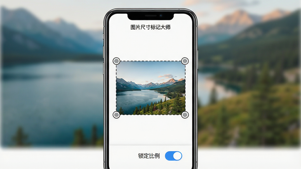 一张展示图片尺寸标记大师裁剪与比例锁定功能的示意图,画面中手机屏幕显示一张风景照片,照片上有虚线裁剪框,裁剪框四角有拖拽圆点,屏幕下方有“锁定比例”开关按钮,软件名称“图片尺寸标记大师”位于顶部,风格为简洁移动端应用界面,画质干净,无多余元素