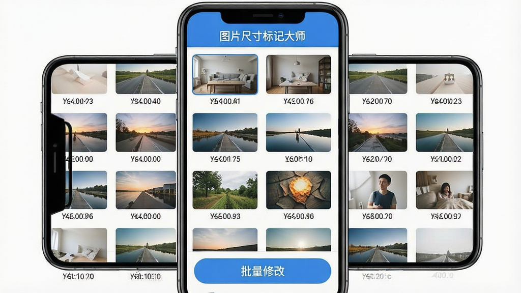 一张展示图片尺寸标记大师批量修改功能的示意图,画面中手机屏幕显示多张图片缩略图排列成网格,每张图片下方有尺寸数值,屏幕底部有“批量修改”按钮,软件名称“图片尺寸标记大师”出现在顶部,风格为清爽工具类应用界面,画质清晰,无杂乱元素