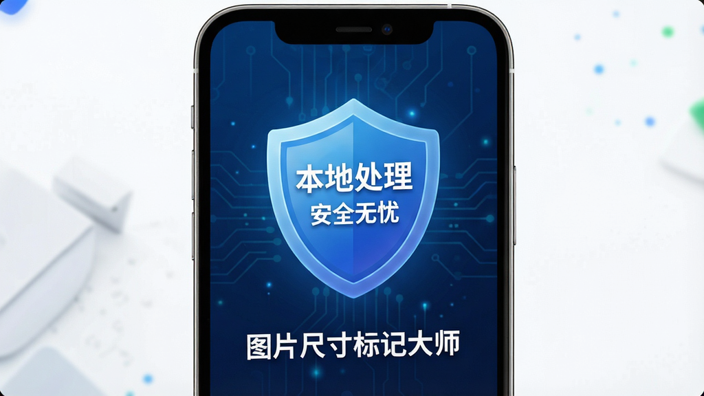 一张展示图片尺寸标记大师本地处理安全特性的示意图,画面中手机屏幕显示一个盾牌图标和“本地处理 安全无忧”文字,盾牌下方有“图片尺寸标记大师”软件名称,背景为深蓝色科技感背景,风格为安全防护类视觉,画质清晰,无多余元素