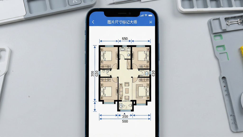 一张展示图片尺寸标记大师软件界面的手机截图,画面中央是手机屏幕,屏幕中显示一张带有尺寸标注线的室内户型图,标注线上有数字和箭头,软件名称“图片尺寸标记大师”以文字形式出现在屏幕顶部标题栏位置,背景为浅灰色工作台,画面风格为简洁科技风,细节清晰,画质干净无多余元素