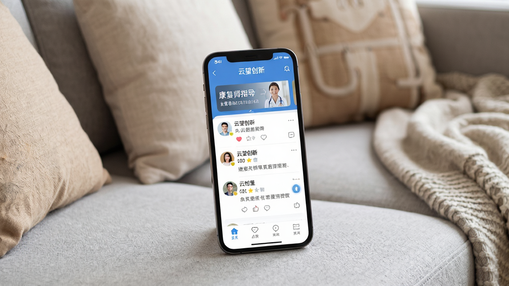 手机屏幕展示“云望创新”APP的社区页面,页面中有用户头像、文字动态和点赞评论图标,顶部有“康复师指导”专栏入口。手机被放置在浅灰色沙发上,背景有抱枕和毛毯。风格温馨生活化,布局自然,细节生动,画质高清,画面干净,无多余元素。