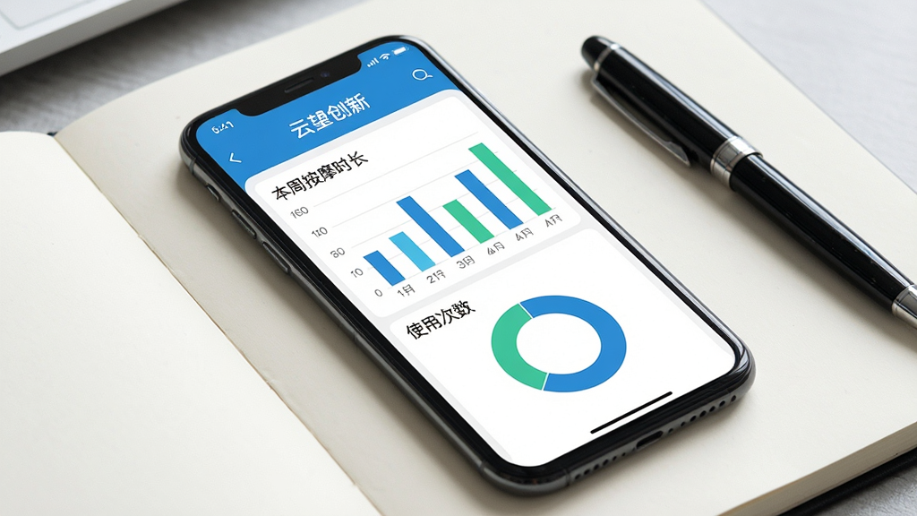 手机屏幕显示“云望创新”APP的数据统计页面,页面中央有柱状图和环形图,图表中标注着“本周按摩时长”“使用次数”等数据,配色为蓝绿相间。手机斜放在一本打开的笔记本上,旁边有一支笔。风格商务简约,布局清晰,细节准确,画质高清,画面干净,无多余元素。