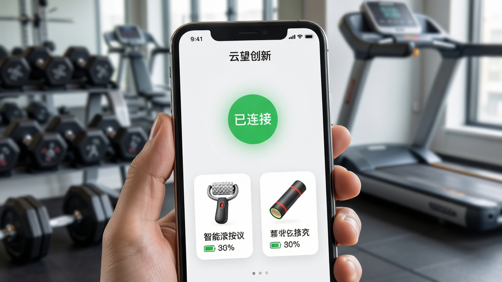 手机屏幕显示“云望创新”APP设备连接成功页面,页面中央有绿色的“已连接”状态提示,下方排列着智能滚按仪和电动泡沫轴两个设备图标,每个图标旁有电量百分比显示。手机被一只手握持,背景是模糊的健身房环境,有哑铃和跑步机。风格为写实科技风,布局突出手机屏幕内容,细节精致,画质清晰,画面干净,无多余元素。