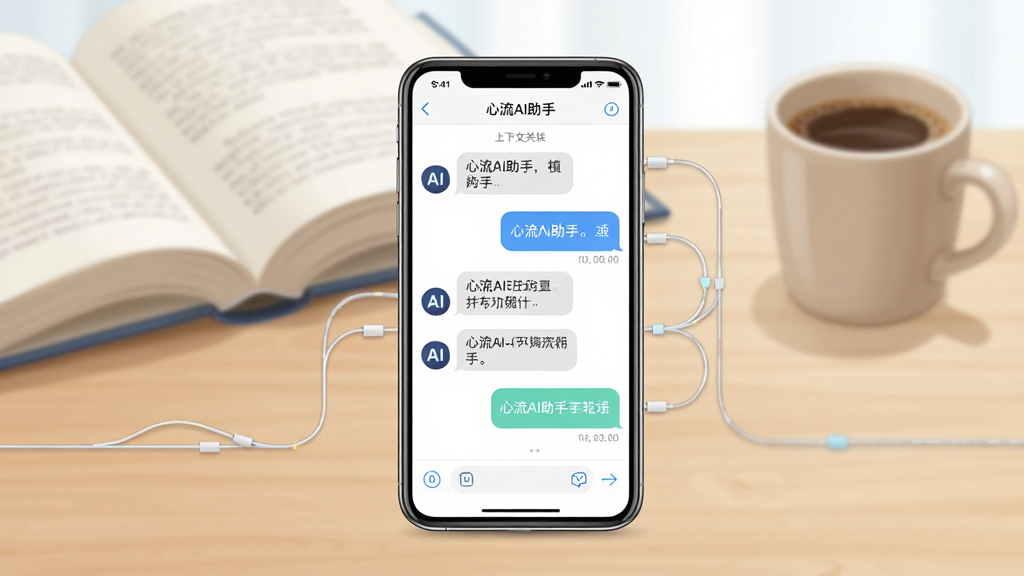 一张展示心流AI助手多轮对话功能的场景图,画面中一部手机放在桌面,屏幕显示“心流AI助手”聊天界面,对话气泡上下排列,旁边有连接线表示上下文关联,背景有书本和咖啡杯,布局为手机居中,四周留白,风格为清新写实插画,细节包括对话气泡、AI头像、时间戳,画质干净清晰,无多余元素