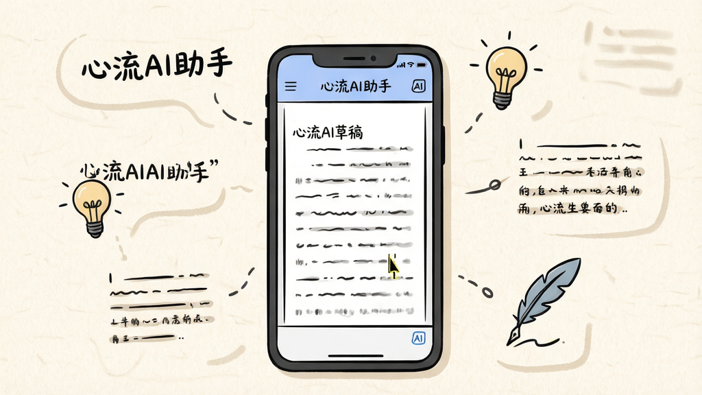一张展示心流AI助手写作辅助功能的插画,画面中央是手机屏幕显示“心流AI助手”生成的文章草稿,屏幕周围漂浮着标题、段落、灯泡和羽毛笔图标,背景为浅色纸张纹理,布局为手机居中,元素环绕,风格为简约手绘风,细节包括文字行、光标、AI标识,画质清晰干净,无多余装饰