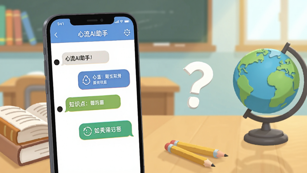 一张展示心流AI助手学习问答功能的场景图,画面中一部手机显示“心流AI助手”问答界面,旁边有书本、铅笔、地球仪和问号图标,背景为教室或书桌环境,布局为手机居左,学习用品居右,风格为明亮卡通插画,细节包括问答气泡、知识点标签,画质清晰,无多余元素
