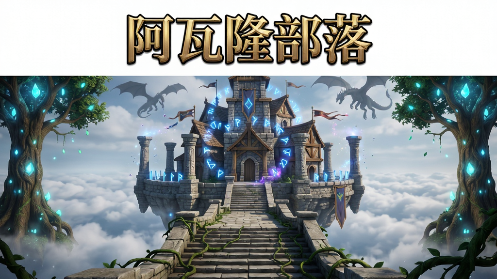 画面主体是一座悬浮在云海之上的奇幻部落城堡,城堡由石块与木质结构组成,四周环绕着发光的蓝色符文与古老石柱,远处有巨龙剪影掠过天际。布局采用中心对称构图,城堡位于画面正中央,前景是延伸向下的石阶与藤蔓,左右两侧各有一棵发光的生命之树。排版上方留白用于放置游戏名称“阿瓦隆部落”,字体为哥特风格金色描边。风格为奇幻写实CG插画,细节包含石砖纹理、旗帜飘动、魔法粒子特效。画质为4K高清,干净通透,无多余元素。