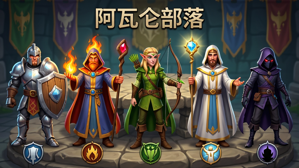 画面主体是五位风格各异的奇幻英雄并排站立,从左到右依次为持盾战士、火焰法师、精灵游侠、圣光牧师与暗影刺客,每位英雄脚下有对应的职业图标。布局为横向排列,背景是古老的石质圆桌与飘动的旗帜。排版上方居中放置游戏名称“阿瓦隆部落”。风格为美式卡通CG,细节包含盔甲反光、法杖宝石、披风褶皱。画质为4K,干净清晰,无多余元素。
