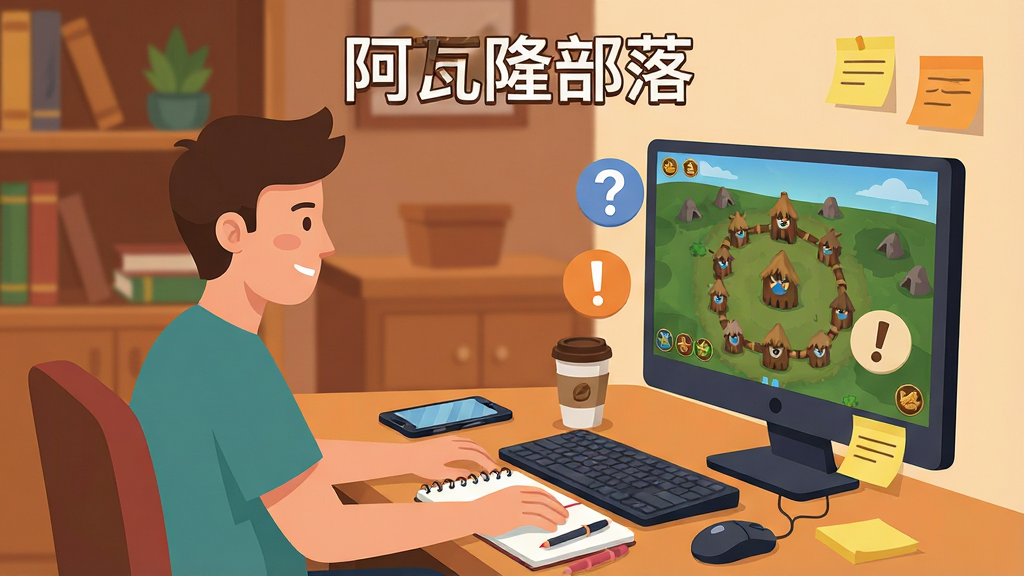 画面主体是一位新手玩家坐在电脑前,屏幕显示阿瓦隆部落的游戏界面,旁边有漂浮的问号与感叹号图标,桌面上放着手机与笔记。布局为室内场景,人物位于画面左侧,屏幕位于右侧,背景是温馨的书房。排版上方居中放置游戏名称“阿瓦隆部落”。风格为扁平插画,细节包含键盘、鼠标、咖啡杯、便利贴。画质为高清,干净整洁,无多余元素。