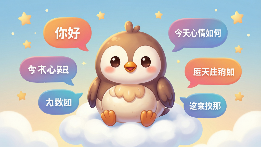 一个圆润可爱的卡通小鸟机器人坐在云朵上,面前漂浮着多个彩色对话气泡,气泡中写有“你好”“今天心情如何”等文字。主体居中,布局对称。排版错落有致。风格为温馨治愈系数字插画。细节包括小鸟的表情、气泡的渐变色彩、背景的星星点缀。画质高清,干净,无多余元素。