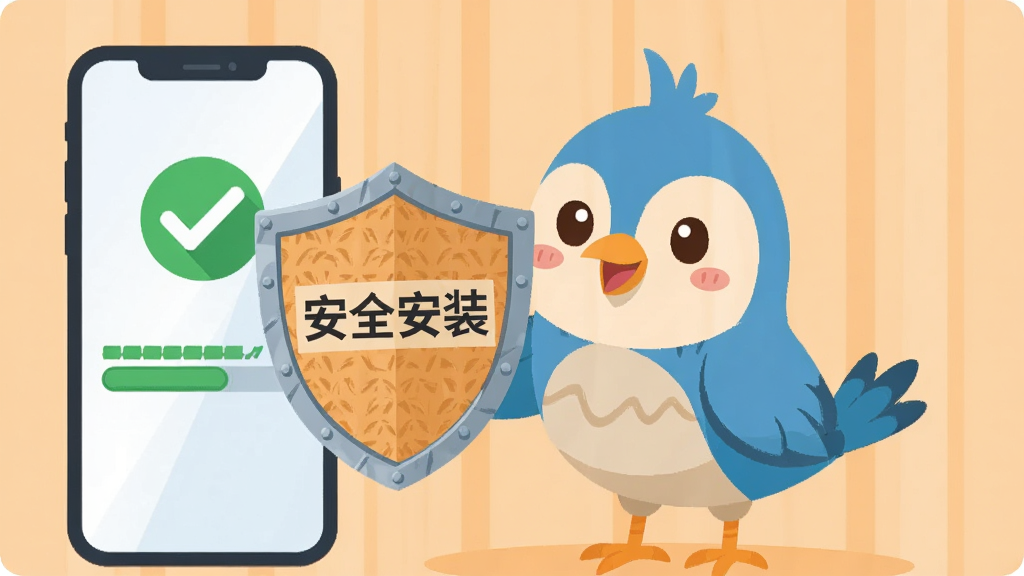 一只卡通小鸟举着盾牌,盾牌上写有“安全安装”字样,旁边有一部手机显示安装进度条。主体为小鸟和盾牌,布局居中。排版清晰,背景为浅橙色。风格为扁平化插画。细节包括盾牌纹理、手机屏幕上的对勾图标。画质清晰,干净,无多余元素。