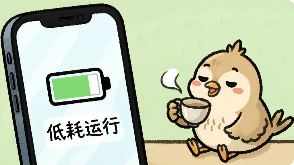 一部手机屏幕显示电池图标和“低耗运行”字样,旁边有一只卡通小鸟在悠闲地喝茶。主体为手机和小鸟,布局左右分布。排版轻松,背景为浅绿色。风格为卡通手绘。细节包括电池图标、茶具、小鸟的惬意表情。画质清晰,干净,无多余元素。