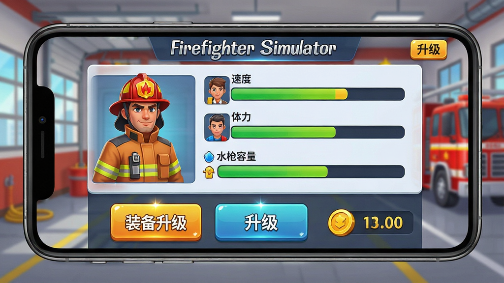 一张游戏角色成长界面图,画面展示手机屏幕中一名消防员的属性面板,包含速度、体力、水枪容量等进度条,下方有装备升级按钮和金币数量显示,背景为消防站内部场景,风格简洁明快,细节包括图标、数值、按钮高光,画质清晰干净,画面中文字为