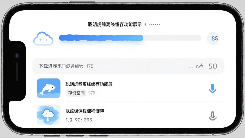 聪明虎鲸离线缓存功能展示,主体是手机屏幕显示下载进度和已缓存课程列表,布局为上方进度条下方列表,排版清晰,风格为现代简约教育应用界面,细节包括云朵图标、向下箭头和存储空间提示,画质高清,画面干净,无多余元素
