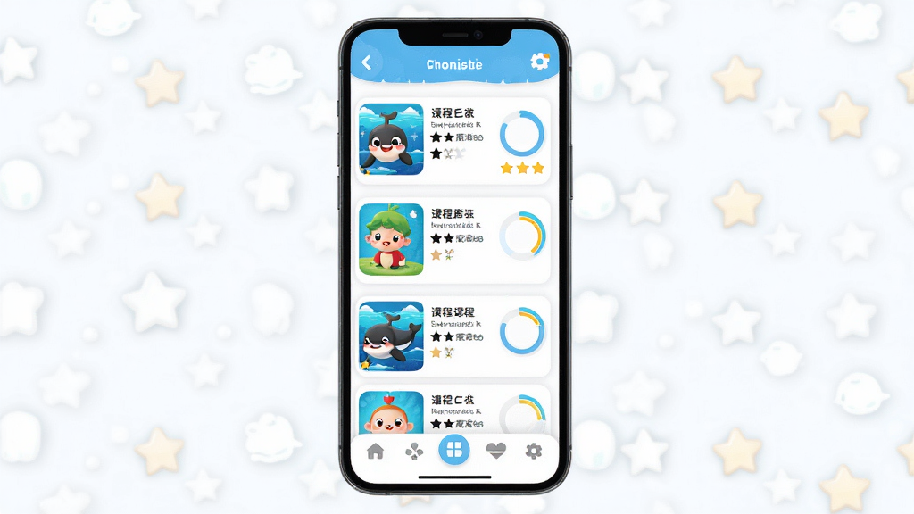聪明虎鲸移动端操作示意图,主体是手机屏幕显示课程列表和底部导航栏,布局为纵向列表搭配底部图标,排版整齐,风格为清新儿童教育应用界面,细节包括彩色课程封面、进度圆环和星星标记,画质高清,画面干净,无多余元素