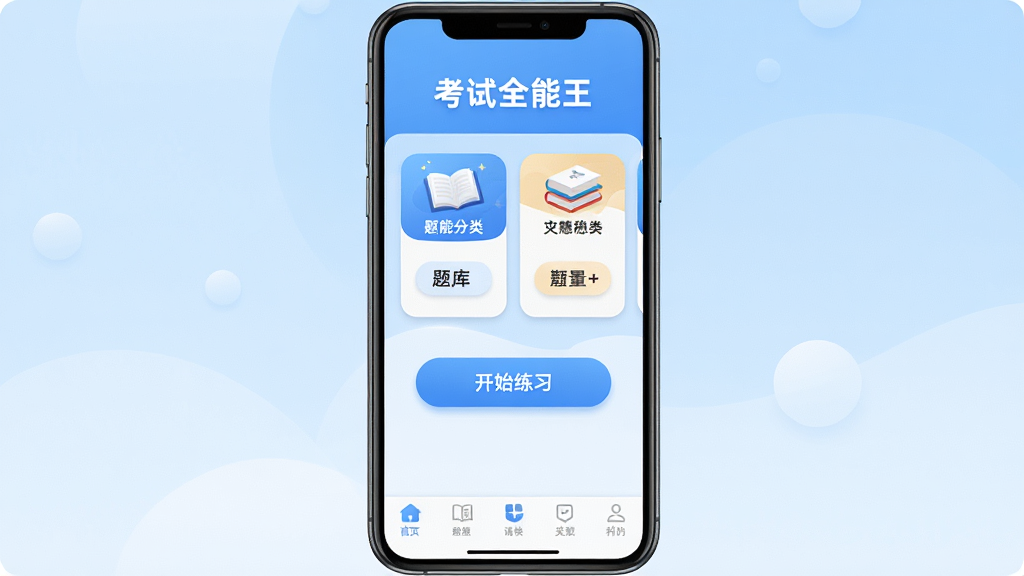 手机屏幕中央展示考试全能王应用主界面,界面顶部显示软件名称考试全能王,中部为题库分类卡片和开始练习按钮,底部为导航栏,背景为浅蓝色渐变,整体布局居中对称,风格简洁清爽的移动应用展示图,细节包括图标圆角、按钮阴影、文字清晰,画质高清干净无多余元素