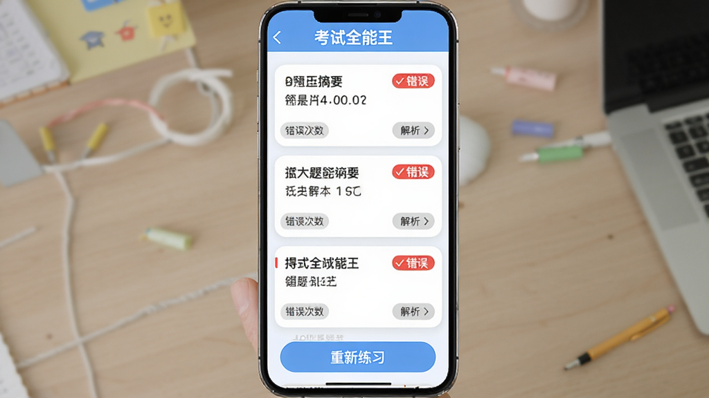 考试全能王错题本页面展示,屏幕中央为错题列表卡片,每张卡片显示题目摘要和错误次数标签,顶部有考试全能王标题栏,底部有重新练习按钮,风格为清新浅色系移动端界面,布局为垂直列表排版,细节包括红色错误标记、灰色解析入口、圆角边框,画质高清干净无多余元素