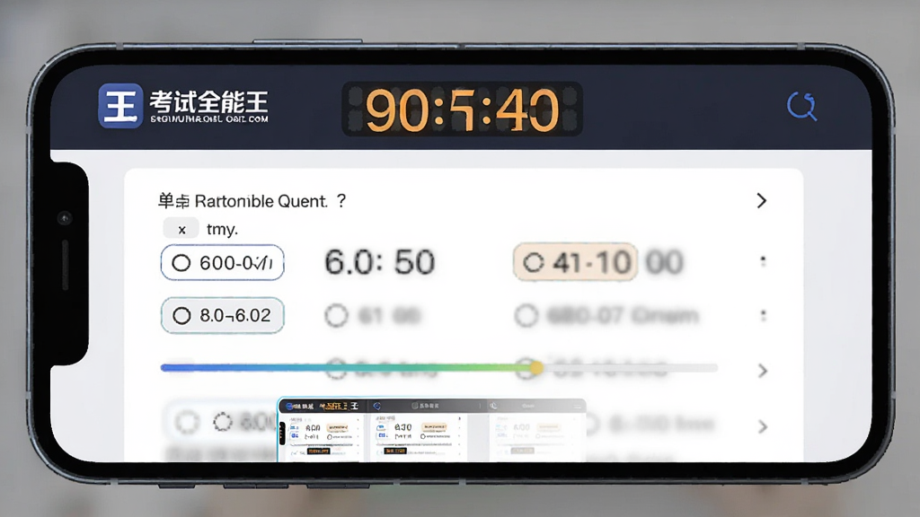 考试全能王模拟考试界面,手机横屏展示试卷答题页面,顶部有倒计时器和考试全能王标识,中部为单选题选项区域,底部为答题卡缩略图,风格为严肃考试场景的移动应用截图,布局为上下结构排版,细节包括计时数字高亮、选项按钮、进度条,画质清晰干净无多余元素