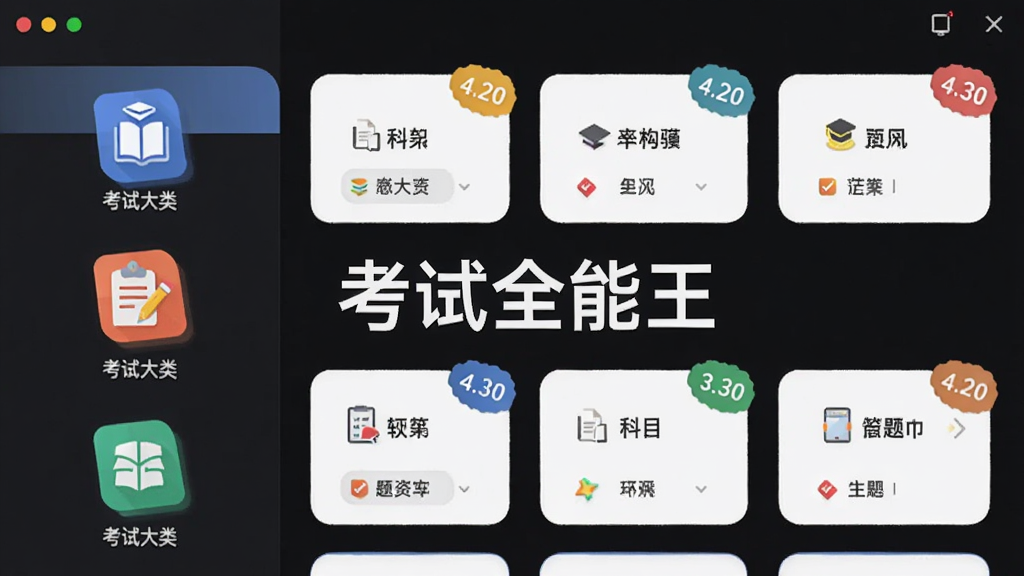 考试全能王软件界面中展示题库分类列表,左侧为考试大类图标,右侧为具体科目卡片,画面中央有考试全能王字样,整体采用扁平化设计风格,布局为左右分栏排版,细节包括彩色分类标签、题量数字角标、圆角卡片,画质清晰干净无多余元素