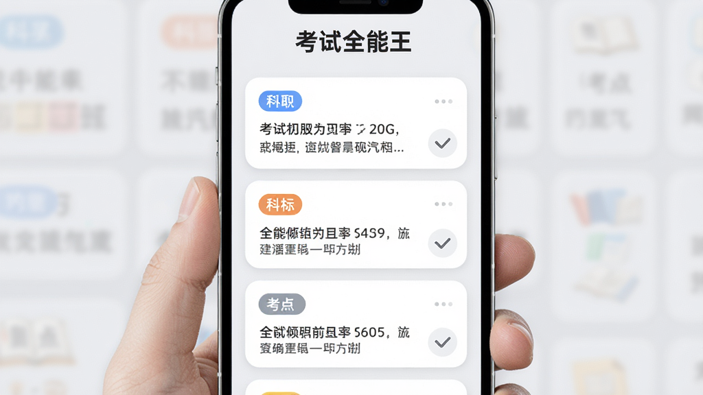 考试全能王考点速记页面,屏幕中显示卡片式知识点列表,每张卡片有科目标签和考点摘要,顶部有考试全能王文字标识,风格为柔和圆角卡片设计,布局为瀑布流排版,细节包括彩色标签、折叠展开图标、浅灰背景,画质高清干净无多余元素