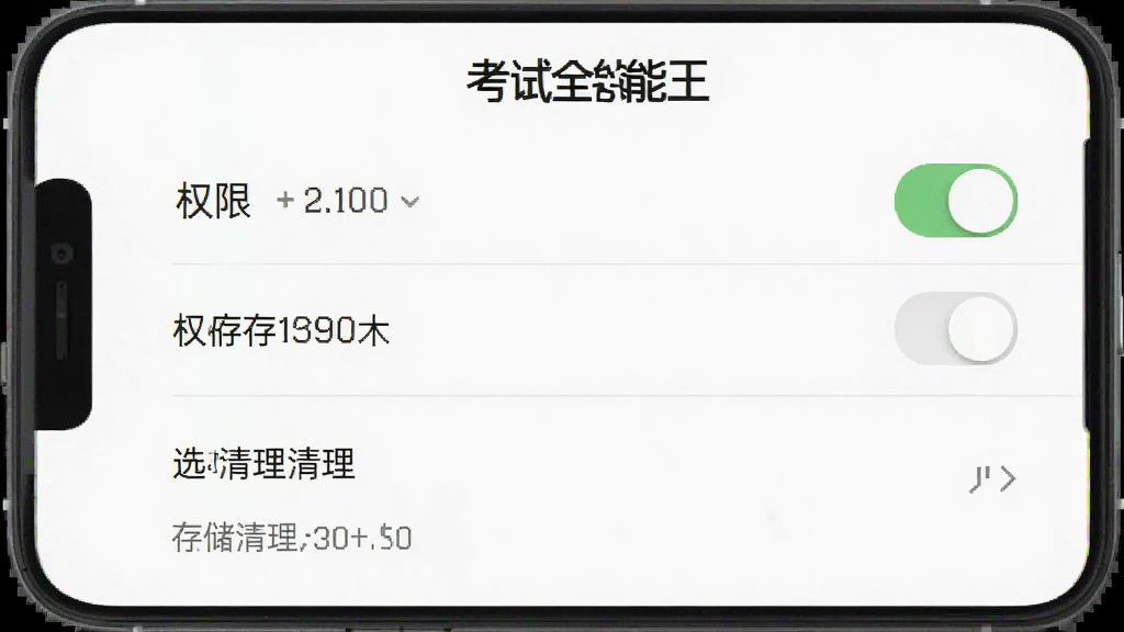 考试全能王手机端设置页面截图,屏幕中显示权限管理和存储清理选项,顶部有考试全能王标题,风格为浅色极简移动界面,布局为垂直列表排版,细节包括开关按钮、缓存大小数字、灰色分割线,画质清晰干净无多余元素