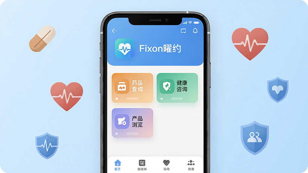 ��������չʾһ�������ֻ�����Ļ��ʾ��Fixon��Լ��Ӧ�������棬���涥���н�������ͼ�꣬�в�����ҩƷ��ѯ��������ѯ����Ʒ����ȹ���ģ�飬�ײ������������ɼ�������Ϊǳ��ɫ���䣬��Χ����ҩ�衢�����ߡ����ƵȽ���Ԫ��ͼ�ꡣ���������ִ�����ƽ����ƣ������������ɾ��޶���Ԫ�ء�