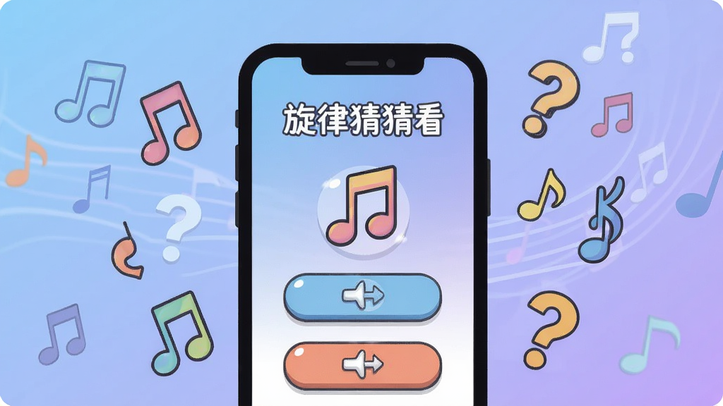 一张手机屏幕展示音乐猜歌游戏界面的插画,画面中央是一部竖屏手机,手机屏幕上显示“旋律猜猜看”游戏界面,有音符图标和选择按钮,手机周围环绕着彩色音符和问号符号,背景是柔和的蓝紫色渐变,风格为扁平化卡通插画,细节清晰,画质干净,无多余元素