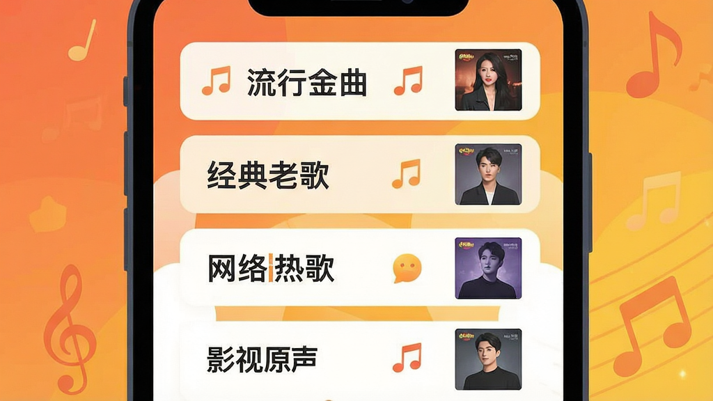 一幅展示音乐曲库分类界面的插画,画面主体是一部手机,屏幕上排列着“流行金曲”“经典老歌”“网络热歌”“影视原声”等分类标签,每个标签旁边有小音符和专辑封面图标,背景是温暖的橙色和黄色渐变,风格为清新扁平插画,细节丰富,画质干净,无多余元素