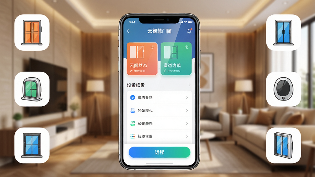 云智慧门窗软件主界面展示图,画面中央是手机屏幕,屏幕内显示云智慧门窗APP的首页界面,包含门窗状态卡片、设备列表和远程控制按钮,背景是温馨的现代家居环境,布局采用居中构图,手机位于画面正中心,周围环绕着智能门窗设备图标,排版简洁清晰,风格为现代科技感UI设计风格,细节上手机屏幕有轻微反光,图标色彩鲜明,画质高清,干净,无多余元素