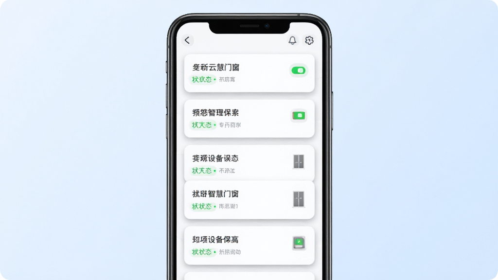 云智慧门窗多设备管理界面示意图,画面展示一部手机屏幕,屏幕内显示设备列表,包含多个门窗设备卡片,每个卡片标注设备名称和状态,布局采用垂直排列,手机居中展示,背景是淡蓝色渐变,风格为简约商务UI风格,细节上卡片有轻微阴影,状态指示灯为绿色和灰色,画质高清,干净,无多余元素