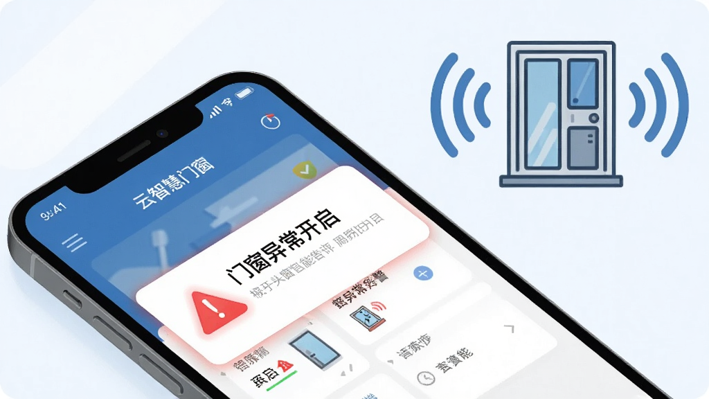 云智慧门窗智能告警功能展示图,画面主体是一部手机,屏幕上弹出告警通知弹窗,显示
