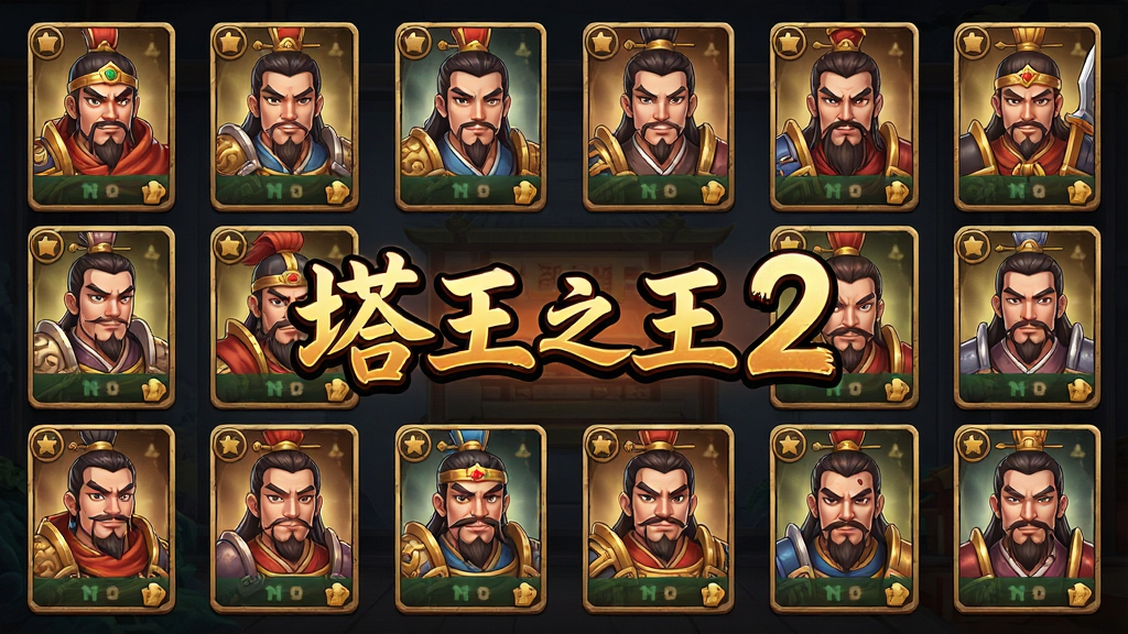 塔王之王2游戏内武将招募界面,画面展示多位三国武将卡牌,卡牌排列整齐,中间有