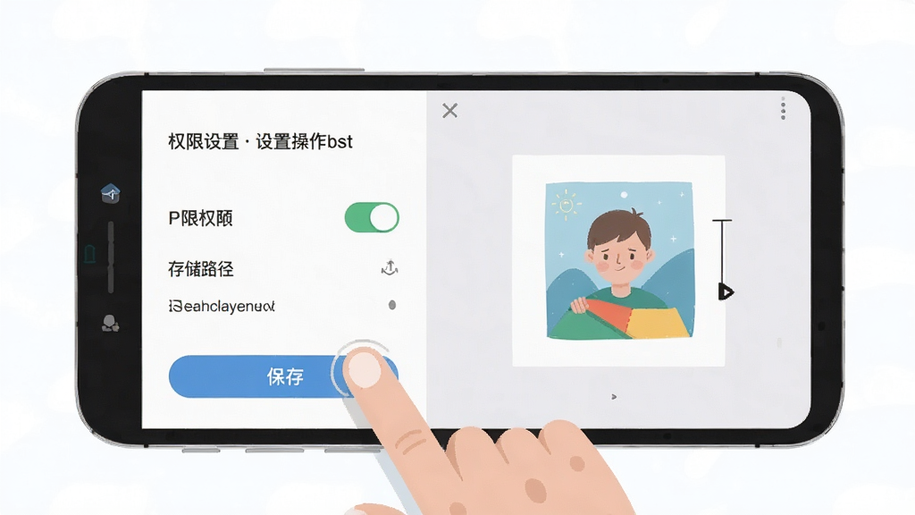 爱绘图文移动端操作教程示意图,主体为手机屏幕和手指点击动作,屏幕中显示权限设置界面和保存按钮,布局为左右分栏,左侧为设置菜单右侧为画布,风格为扁平化教学插画,细节包括权限开关和存储路径选项,画质高清,画面干净,无多余元素