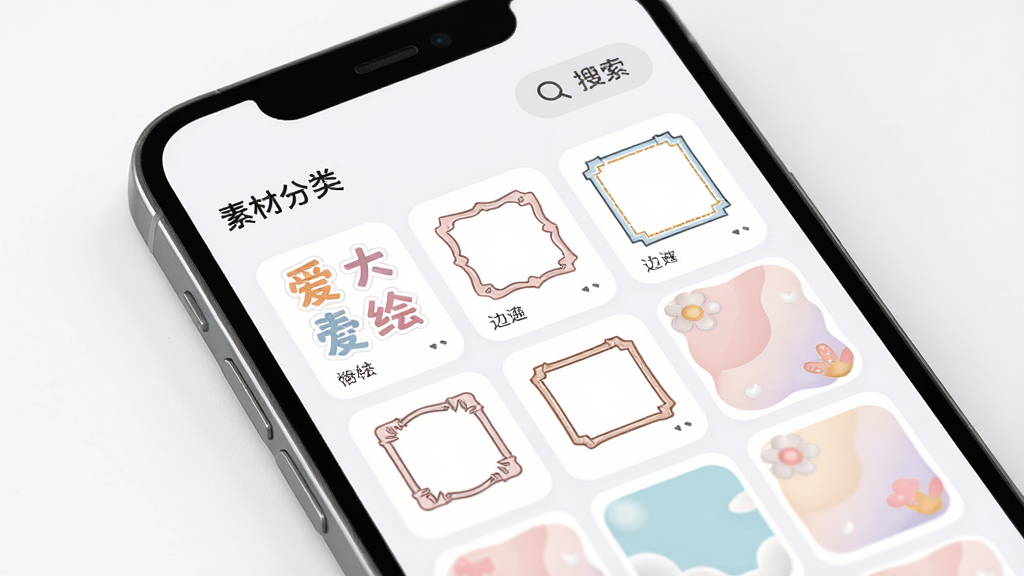 爱绘图文素材库界面展示,主体为手机屏幕特写,屏幕中显示素材分类网格,包含贴纸、边框和背景缩略图,布局为整齐的网格排列,风格为柔和圆角卡片设计,细节包括分类标签和搜索按钮,画质高清,画面干净,无多余元素