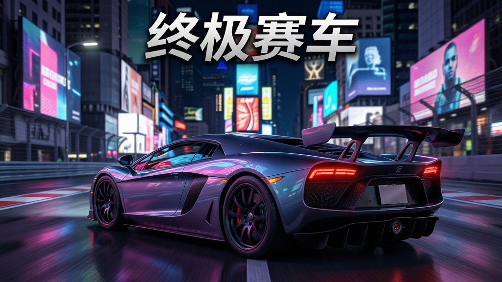一张展示终极赛车游戏主界面的图片,画面中央是一辆流线型超级跑车停在城市夜景赛道上,车身反射霓虹灯光,背景有摩天大楼和电子广告牌,布局采用中心构图,排版上方留出游戏标题区域,风格为写实3D渲染,细节包括轮胎纹理、尾翼和刹车灯,画质高清,干净无多余元素,画面中打文字“终极赛车”