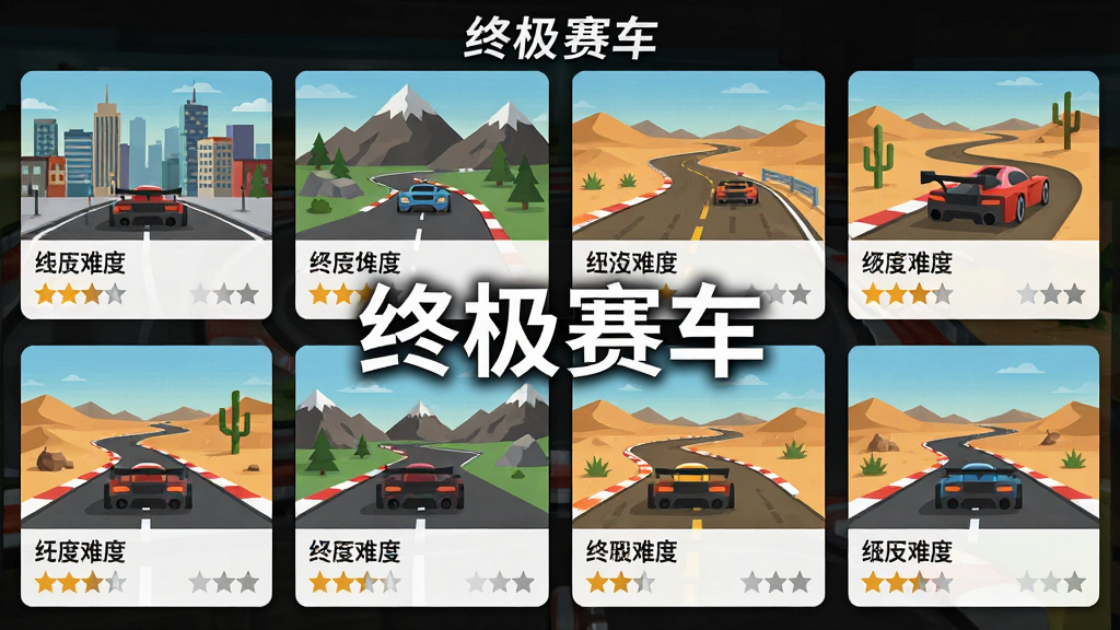 一张展示终极赛车游戏内赛道选择的图片,画面分为多个赛道缩略图卡片横向排列,每张卡片显示不同场景如城市、山地、沙漠,布局采用网格排版,风格为扁平化设计,细节包括赛道名称标签和难度星级,画质清晰,干净无多余元素,画面中打文字“终极赛车”