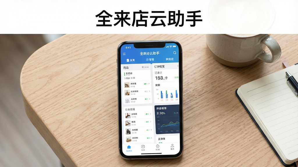 一张展示全来店云助手手机应用界面的图片,主体为一部竖屏智能手机,屏幕中显示全来店云助手门店管理首页,包含商品列表、订单概览、数据看板等模块,手机放置在浅色木质桌面上,旁边有一杯咖啡和一本记事本,布局居中,上方留白用于文字标题,风格为清新商务写实风,细节包含屏幕高光、图标清晰、数据卡片层次分明,画质高清,画面干净,无多余元素。