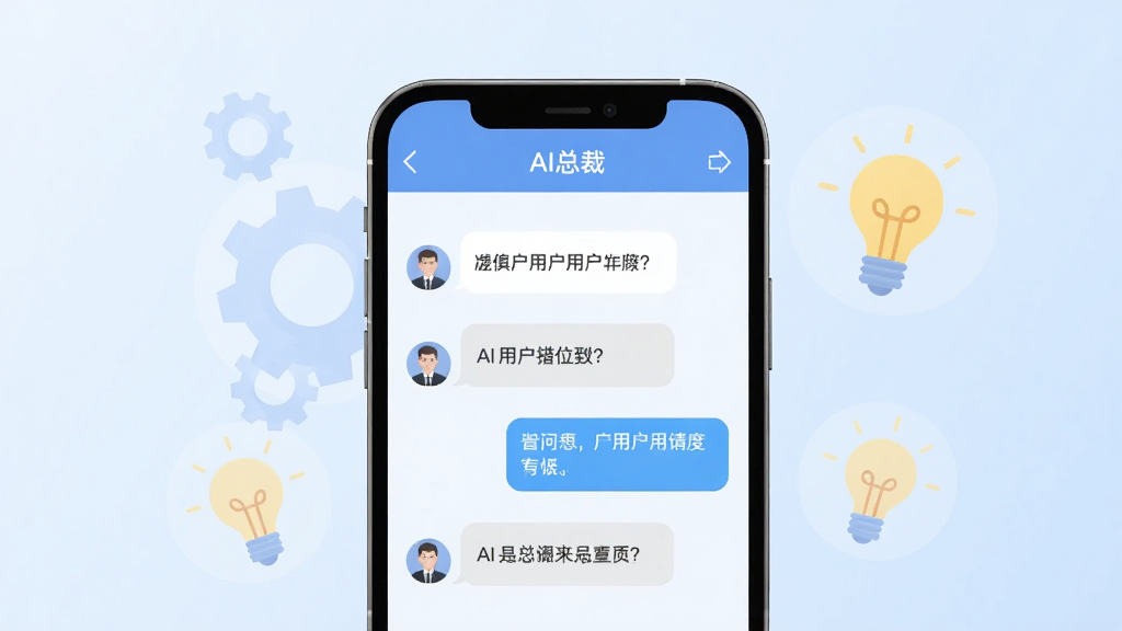 画面中心为AI总裁应用中的智能对话界面,聊天气泡中显示用户提问与AI回复内容,界面简洁清爽,手机屏幕外侧有半透明的齿轮与灯泡图标代表智能思考,背景为淡蓝色渐变,扁平化设计风格,画质干净,无多余元素,画面中文字标注为