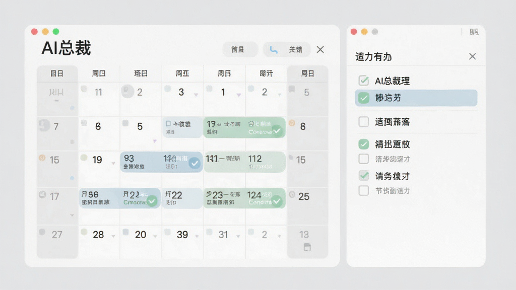 画面展示AI总裁应用中的日程管理界面,日历视图与待办列表并列排布,部分任务已标记完成,界面配色柔和,背景为浅灰色,扁平化设计风格,细节清晰,画质干净,无多余元素,画面中文字标注为