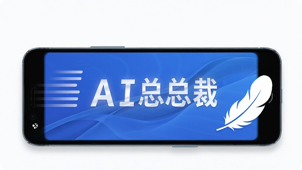 画面展示一部安卓手机,手机屏幕显示AI总裁应用运行流畅的界面,手机旁边有速度线条和轻量化的羽毛图标,背景为干净的白色,风格简约现代,细节清晰,画质干净,无多余元素,画面中文字标注为