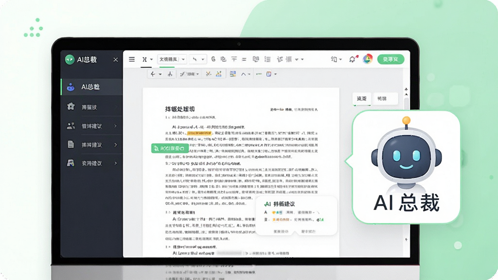 画面展示AI总裁应用中的文档处理界面,屏幕上呈现整齐的文档排版效果,旁边有AI助手的图标提供排版建议,背景为白色与浅绿色搭配,风格清新简洁,细节清晰,画质干净,无多余元素,画面中文字标注为