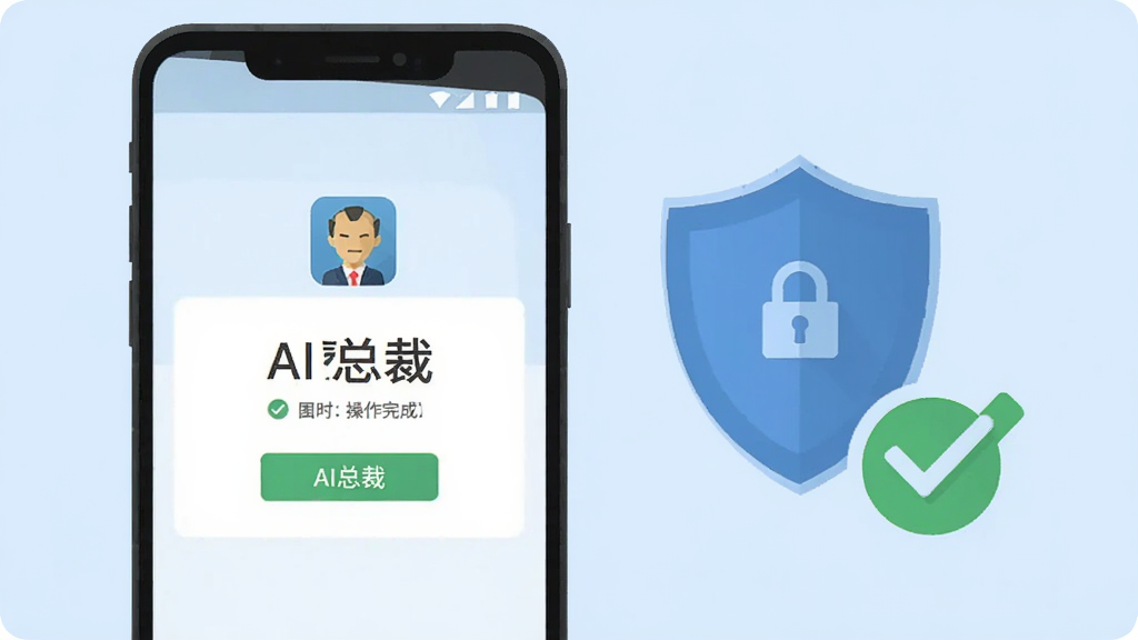 画面展示一部安卓手机屏幕,屏幕上显示AI总裁应用安装完成的提示界面,手机旁边有盾牌图标代表安全防护和勾选标记代表操作完成,背景为浅蓝色,扁平化风格,细节清晰,画质干净,无多余元素,画面中文字标注为