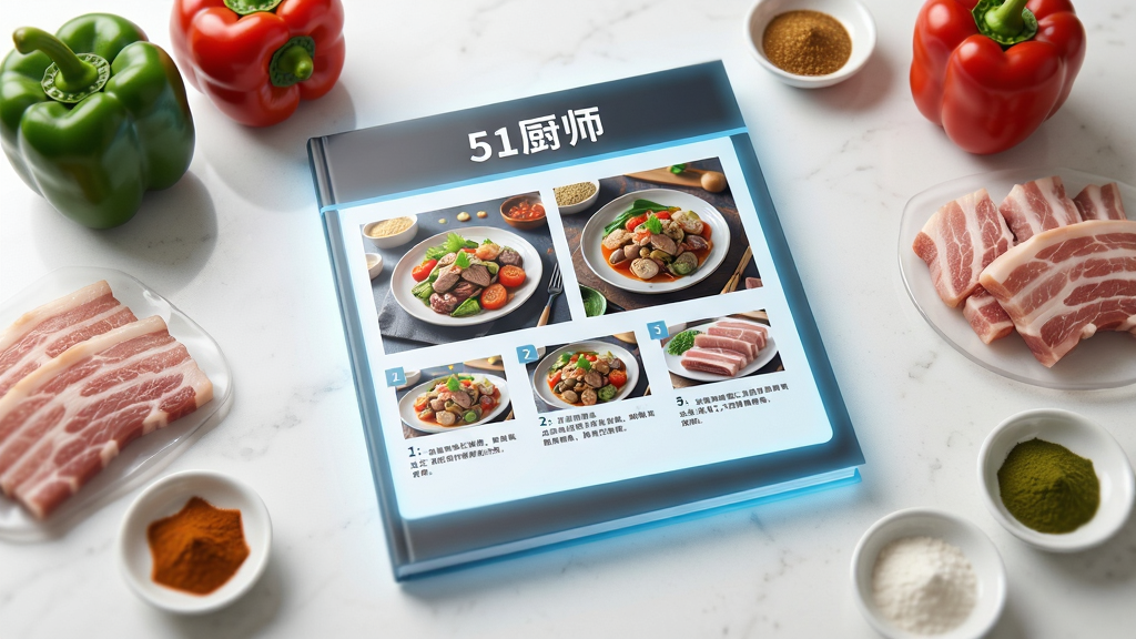 一个整洁明亮的厨房操作台场景,主体是台面上平铺着一本发光的虚拟电子菜谱,菜谱页面显示着精美的菜品图片和分步文字。布局采用俯视视角,菜谱周围摆放着新鲜的青椒、红椒、五花肉片和调味料小碟。排版上菜谱位于画面正中央,风格为超写实摄影风格,细节上食材纹理清晰,有微距景深效果,画质高清,干净,无多余元素,菜谱封面上有文字“51厨师”。