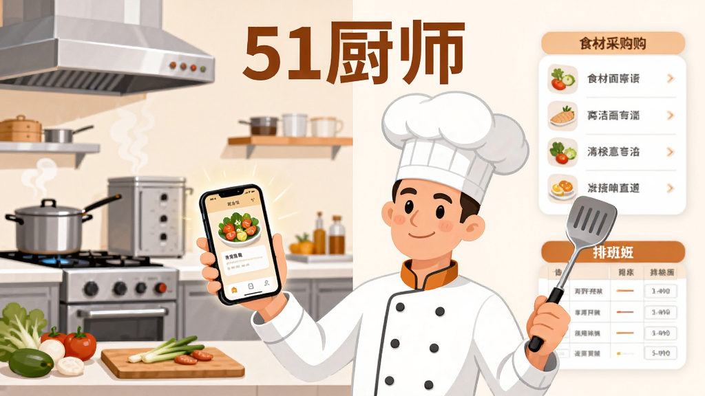 一幅宽幅数字插画,主体是一位穿着洁白厨师服、戴着高帽的卡通厨师,左手托着一部显示着菜谱界面的智能手机,右手拿着炒勺。画面布局采用左右分栏,左侧是热气腾腾的现代化商用厨房场景,有灶台、蒸箱和新鲜食材;右侧是简洁的食材采购列表和排班表。整体排版干净,风格为扁平化矢量插画,色彩以暖橙色和纯净白色为主,细节上厨师表情自信从容,手机屏幕发出柔和光芒。画质清晰,干净,无多余元素,画面正中上方有醒目的文字“51厨师”。