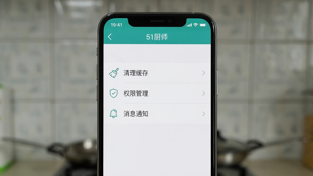 一部智能手机的屏幕截图,显示“51厨师”软件的设置菜单界面,菜单项包括“清理缓存”“权限管理”“消息通知”等。布局采用手机正视图,屏幕内容占据画面主体,背景是虚化的厨房瓷砖墙面。排版上菜单列表清晰,风格为产品UI展示,细节上图标为线性风格,配色清爽,画质高清,干净,无多余元素。