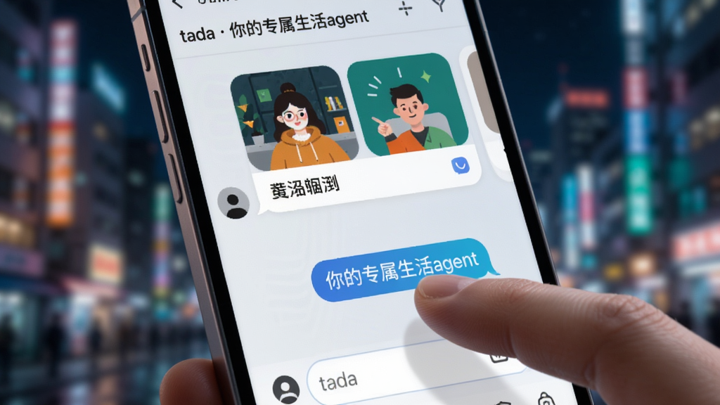 画面特写一只手指正在点击手机屏幕,屏幕上显示着“tada 你的专属生活agent”的对话界面,用户输入框中有文字气泡,上方是软件给出的图文并茂的回复卡片。背景是模糊的城市夜景,风格为写实科技风,色彩鲜艳,细节锐利,画质高清,干净无杂乱元素。