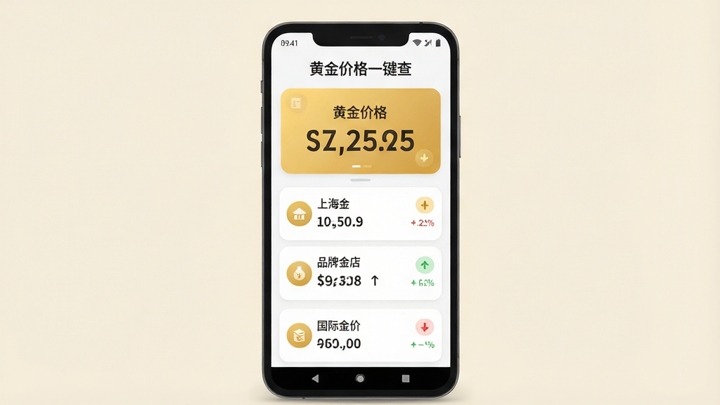 一张手机应用界面展示图,画面中央是一部竖屏安卓手机,手机屏幕内显示“黄金价格一键查”应用首页,页面顶部有醒目的黄金价格数字卡片,下方排列着上海金、品牌金店、国际金价三个板块,每个板块带有小幅涨跌箭头,整体布局干净整洁,背景为浅米色,风格为扁平化UI设计,细节包括圆角卡片、金色点缀图标、清晰的数字字体,画质高清,画面干净,无多余元素