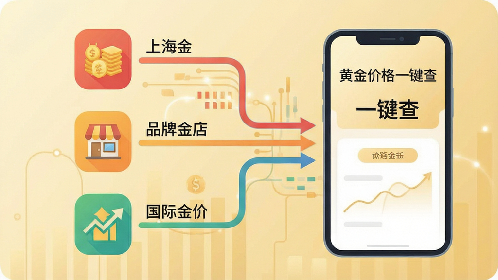 一张信息图表风格的插画,画面左侧是三个不同颜色的数据源图标,分别标注“上海金”“品牌金店”“国际金价”,三个图标通过箭头汇聚到右侧一部手机屏幕上,手机屏幕显示“黄金价格一键查”的汇总页面,背景为淡金色渐变,风格为扁平化商务插画,细节包括数据流线条、圆角图标、清晰的中文标注,画质高清,画面干净,无多余元素