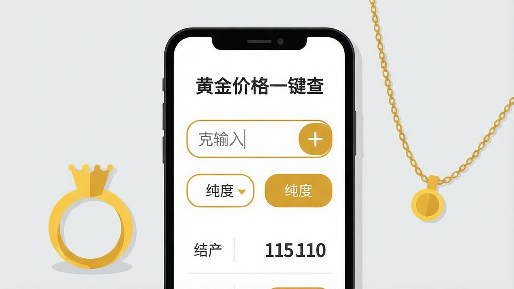 一张扁平化插画,画面中央是一部手机,手机屏幕显示“黄金价格一键查”的换算工具界面,屏幕上有克重输入框、纯度选择按钮和计算结果数字,手机旁边放着一枚金色戒指和一条金色项链作为装饰元素,背景为浅灰色,风格为简洁商务插画,细节包括圆角输入框、金色图标、清晰的中文字体,画质高清,画面干净,无多余元素