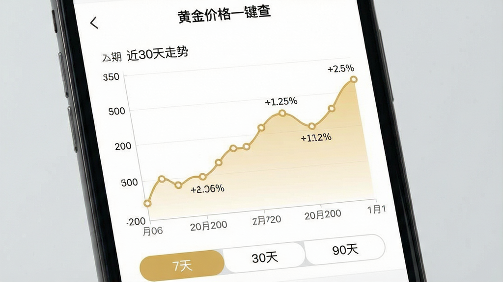 一张手机界面截图风格的图片,画面展示“黄金价格一键查”的历史走势页面,屏幕中央是一条平滑的折线图,横轴为日期,纵轴为价格,折线下方有浅金色填充区域,顶部有“近30天走势”字样,底部有三个切换按钮分别写着“7天”“30天”“90天”,背景为白色,风格为极简数据可视化,细节包括清晰的坐标刻度、圆点标记、涨跌百分比标签,画质高清,画面干净,无多余元素
